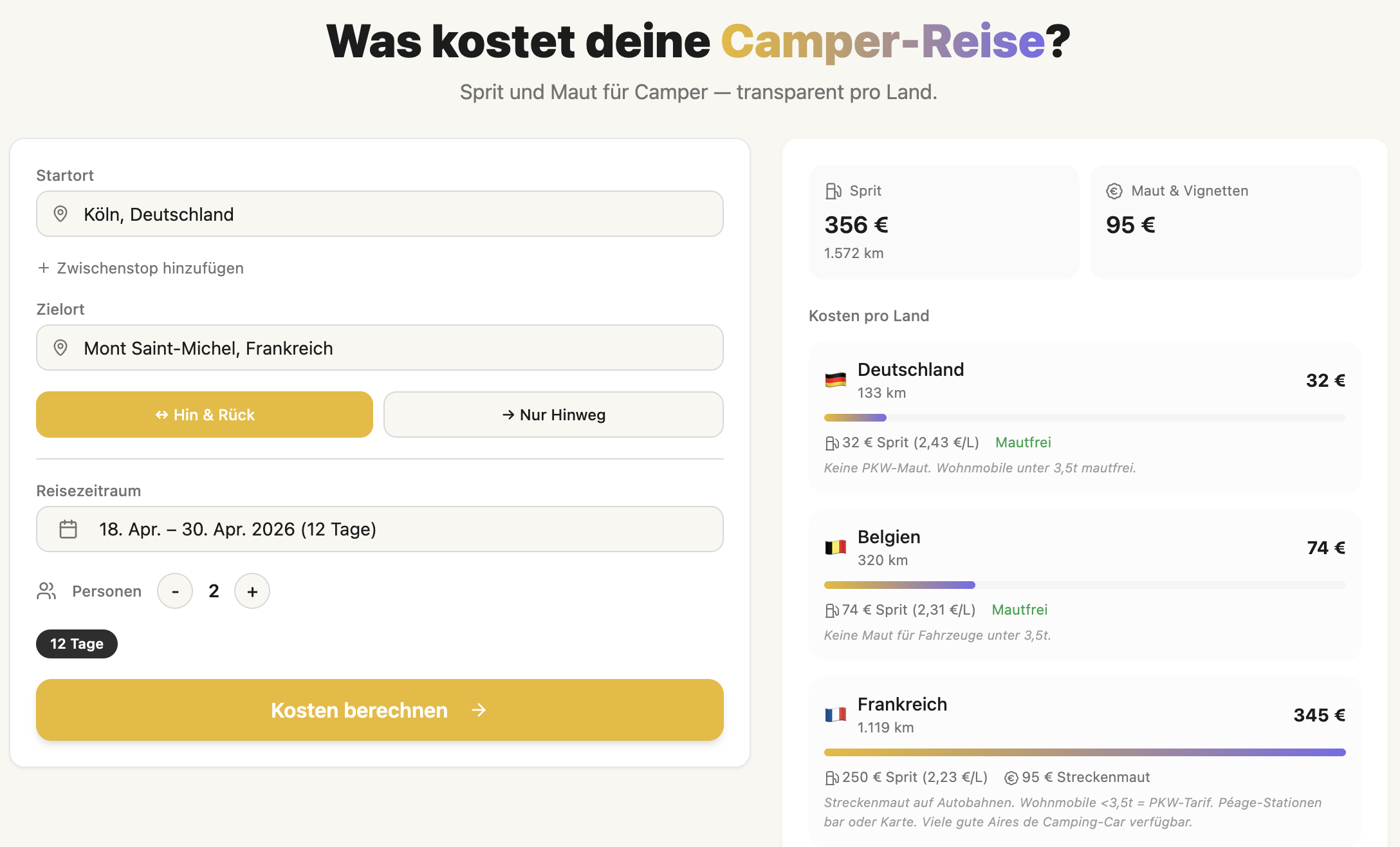 Screenshot des Postibus Spritrechners